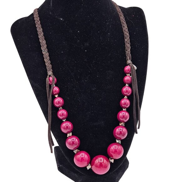 Fossil Braided Brown Cord Necklace With Large Pink Beads & Metal Accents - Picture 1 of 6